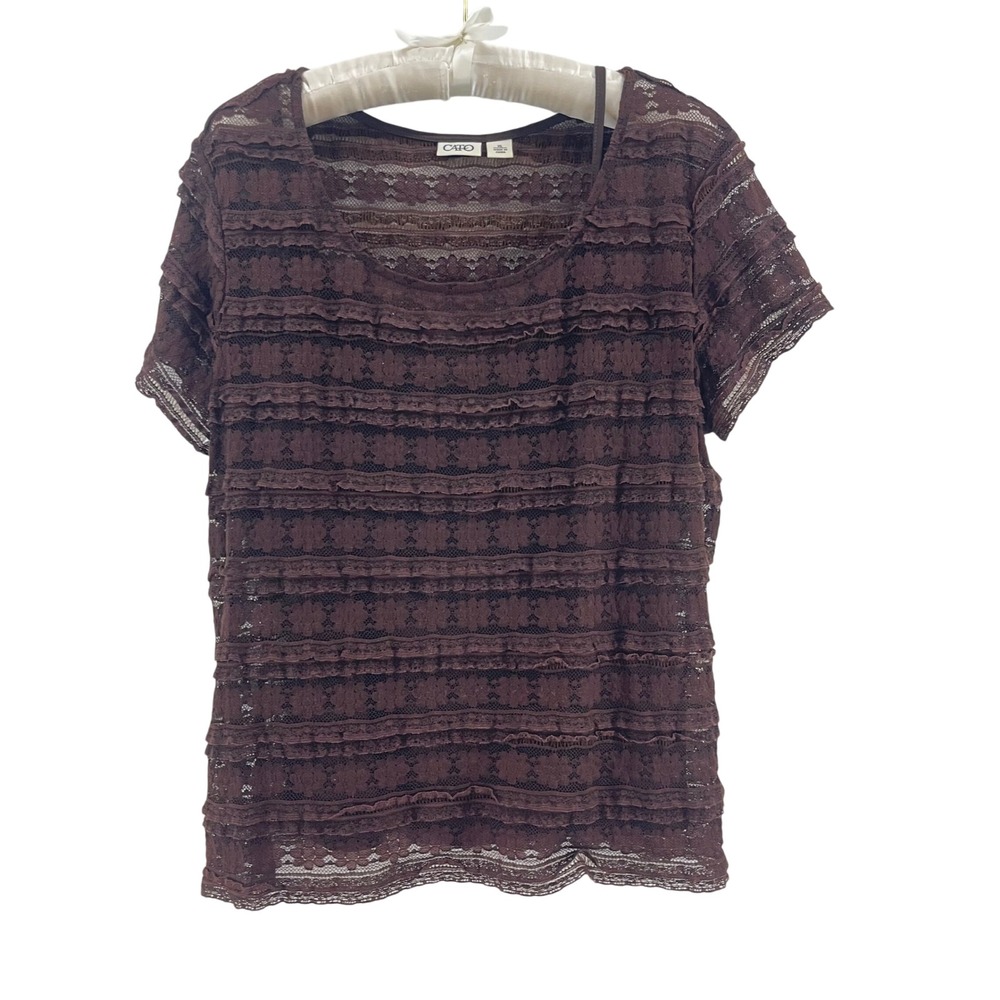 Cato Lace Top‎ Womens XL Brown Sheer Layered Ruffle Boho Romantic Short Sleeve